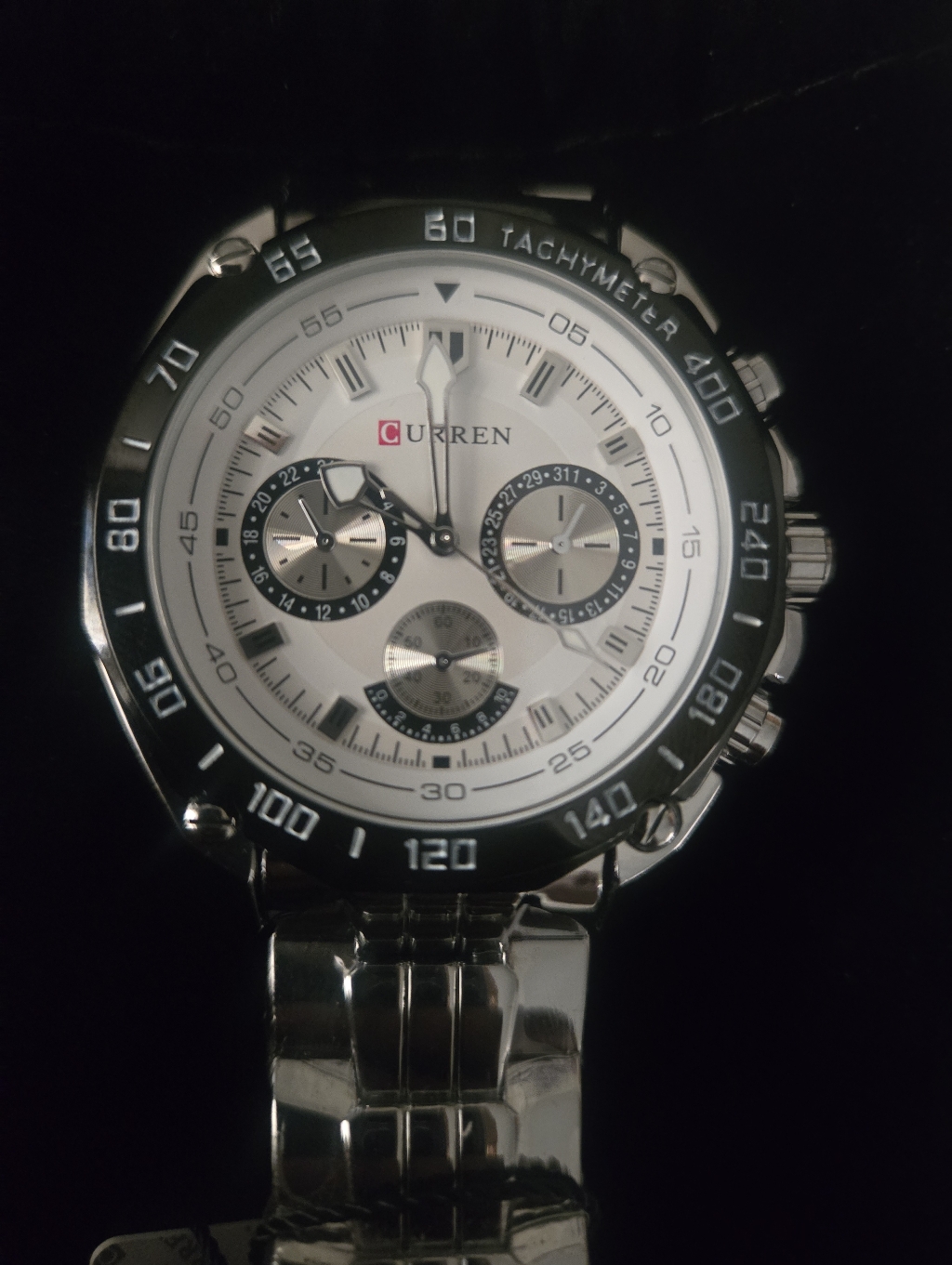 Curren Silver Chronograph Tachymeter Watch  White Dial
